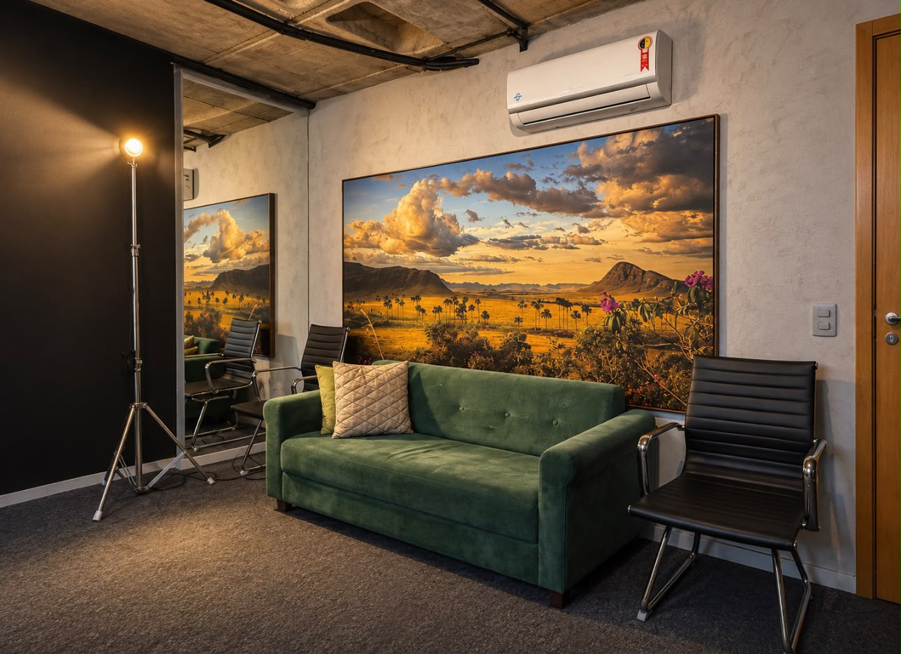 Lounge com sofá verde e quadro do cerrado