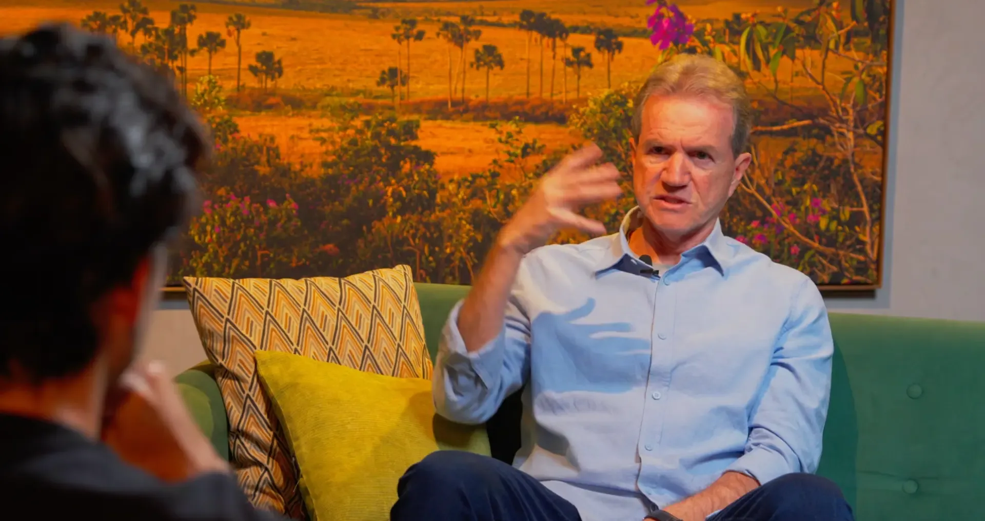 Entrevista no sofá verde com painel do cerrado